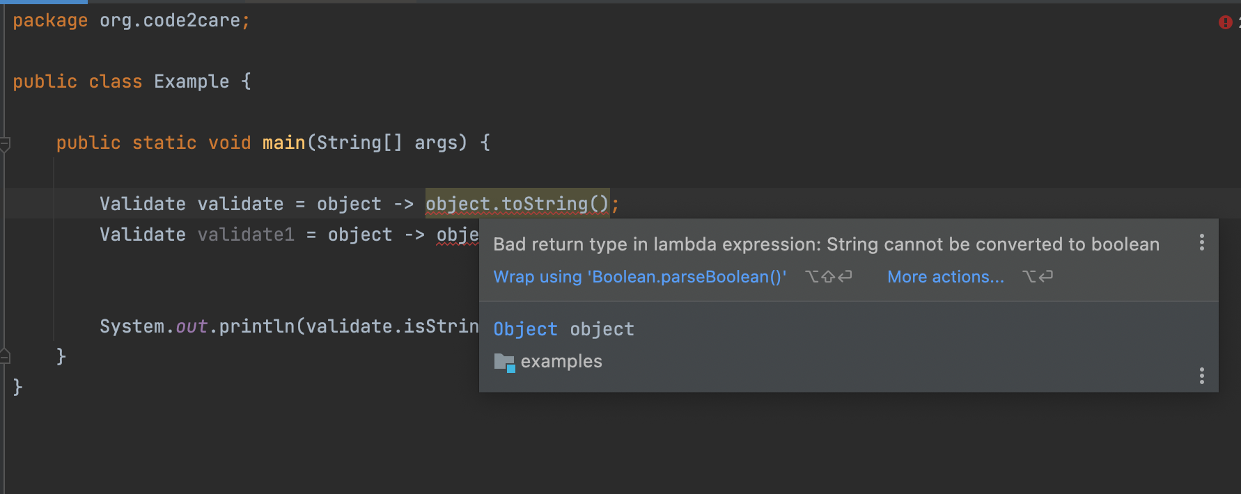 Java - Bad return type in lambda expression - String or int cannot be converted to boolean